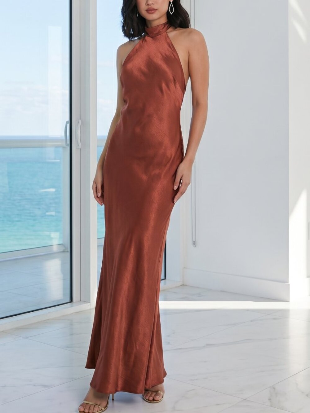 Lulu's Rust Copper Halter Satin Maxi Dress